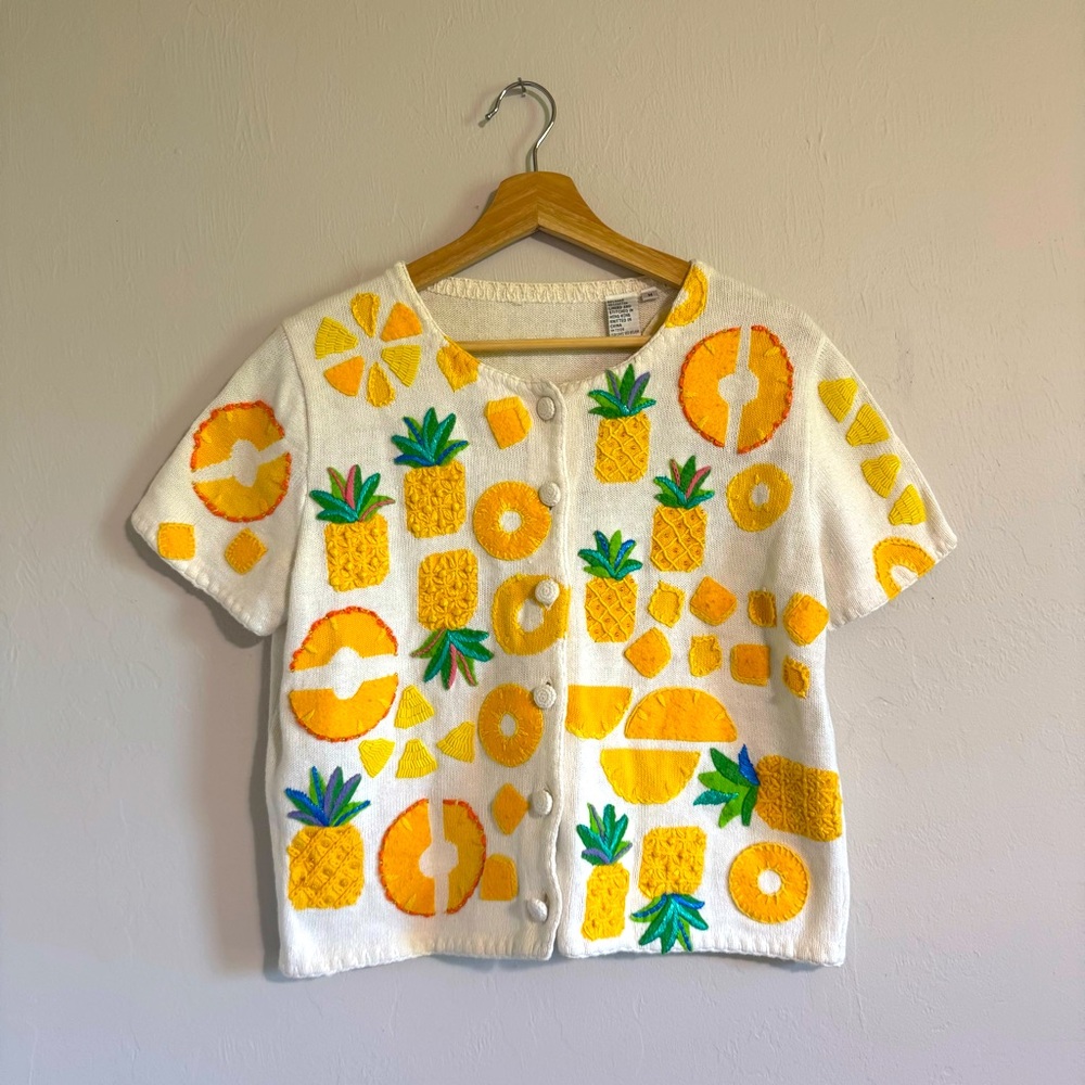 Michael Simon Fruit Appliqué knit Sweater Cardigan top colorful pineapple size M